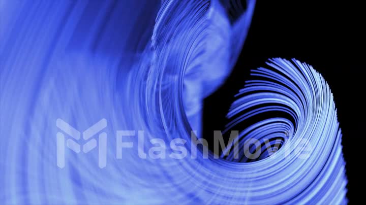 Abstract concept. Many blue neon thin lines draw swirling patterns against a dark background. Frost. 3d animation.