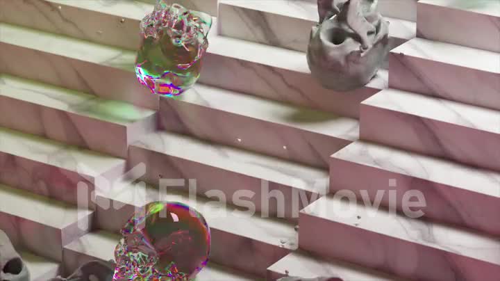 Soft diamond and bone skulls roll down the stairs. Pink neon color. Rainbow. Transparent. Marble stairs. 3d animation