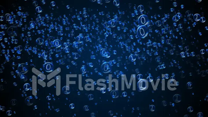 The binary code inside the bubbles rises. Blue interface, 3d illustration