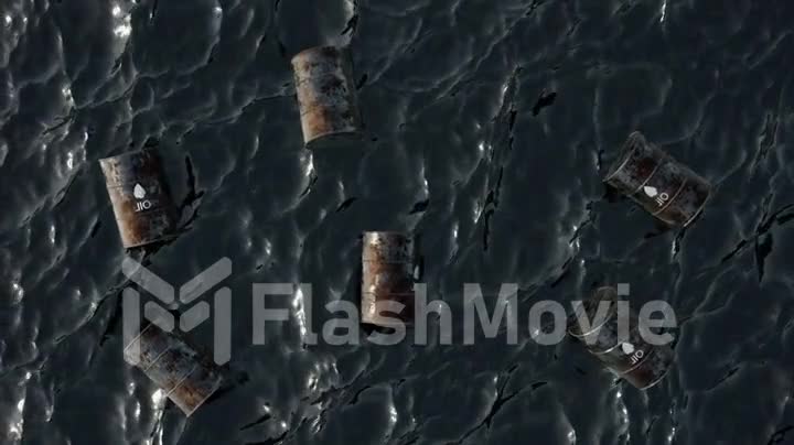 Oil spill. Oil concept. Empty oil barrels on the surface of the oil sea. Industrial chemical pollution. Black water.