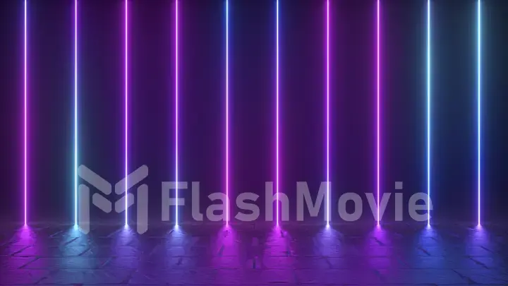 Futuristic concept. Sci-fi abstract blue purple neon lines on dark background. Reflection on the floor. 3d illustration