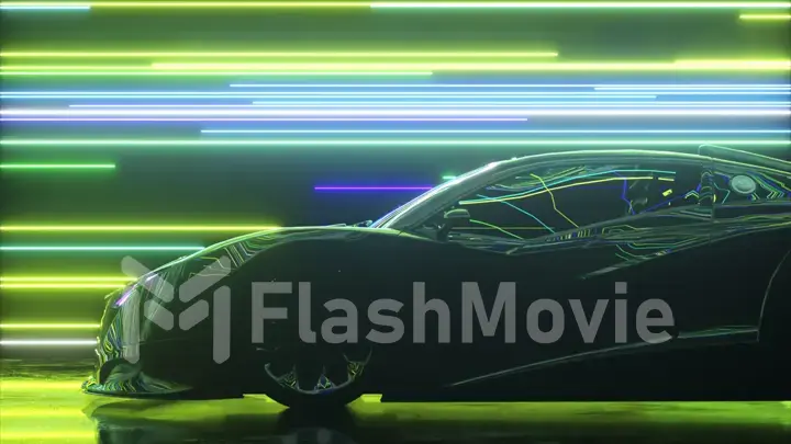 Futuristic concept. Sports car on the background of glowing neon lines. Blue green color. 3d Illustration