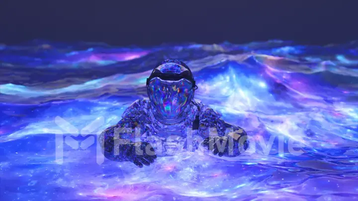 Space concept. Diamond astronaut swims in the ocean with blue neon water. Waves. 3d illustration