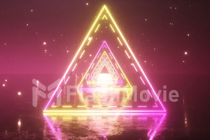 Flying through glowing neon triangles with metal floor creating a tunnel with fog, yellow pink violet spectrum, fluorescent ultraviolet light, modern vj colorful lighting, 3d illustration