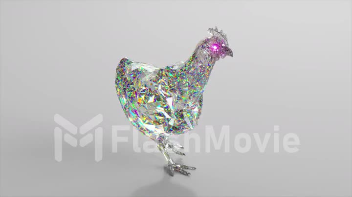 Walking Diamond Hen. The concept of nature and animals. Low poly. White color. 3d animation of seamless loop