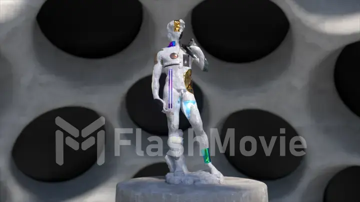 A digital sculpture of David appears on the podium. Abstract perforated background. A mixed of antique and modern styles