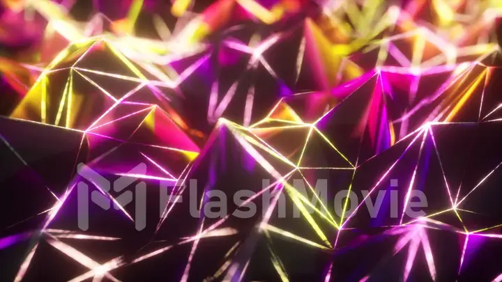 Abstract low polygonal black surface glowing at the edges. 3d illustration technology motion background. Segments of a triangle. Ultraviolet neon wireframe lines in blue violet color spectrum.