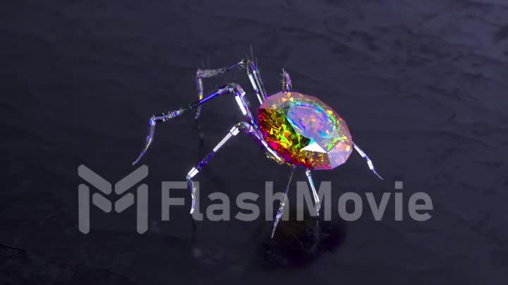 A crystal spider with a large diamond on its back strides across a dark gray uneven surface. 3d animation