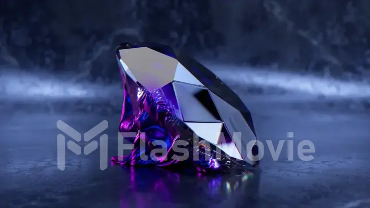 Abstract concept. The large diamond turns into blue neon fabric on the floor. Ultraviolet light. 3d illustration