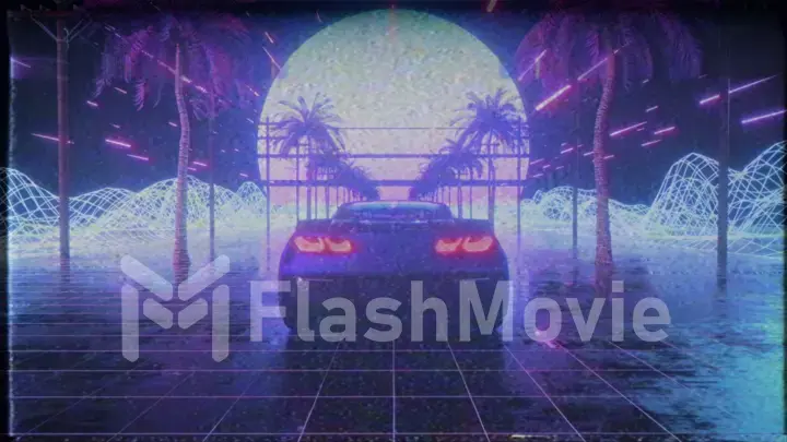 80s retro background 3d illustration with VHS effect. Futuristic car drive through neon abstract space. Retrowave