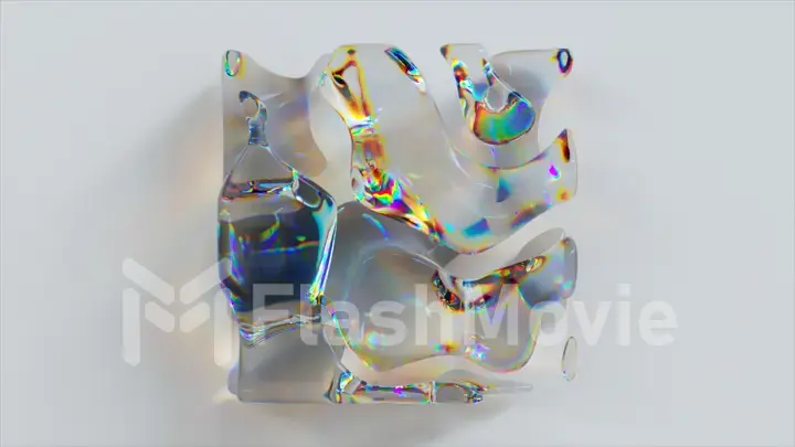 Liquid crystal square changes shape, disappears and reappears on a light abstract background. Advertising.