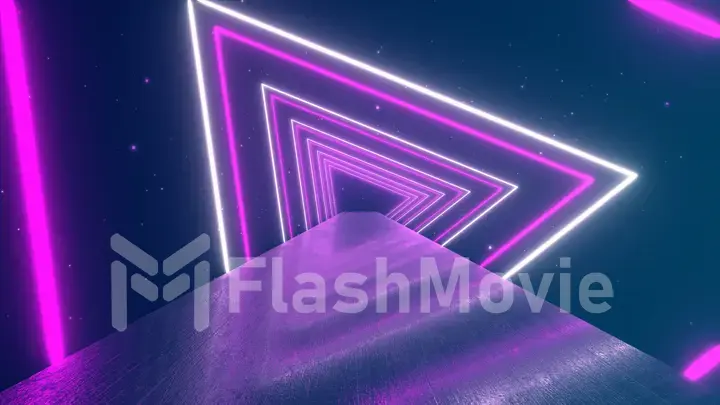 Flying through glowing rotating neon triangles creating a tunnel, blue red pink violet spectrum, fluorescent ultraviolet light, modern colorful lighting, 3d illustration