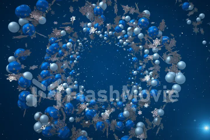 New year christmas background with christmas balls and snow in blue 3d illustration