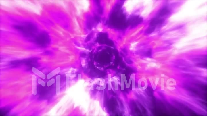 Flying in a colorful abstract energy tunnel in outer space. Vortex energy flows in modern purple light. Seamless loop 3d animation