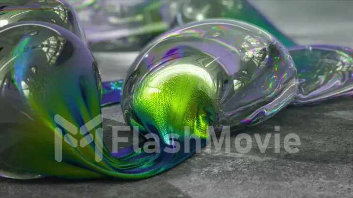 Abstract concept. Transparent iridescent live bubbles are inflated on a thin, shiny green metallic ribbon.