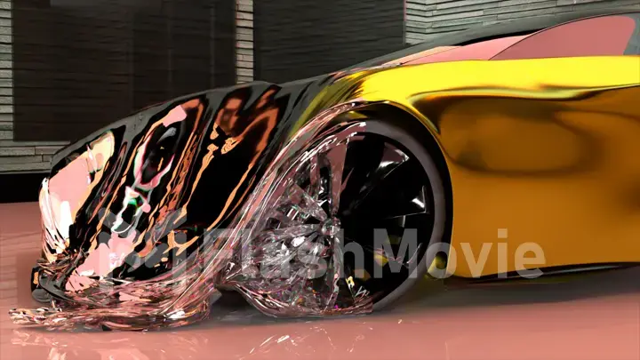 Abstract concept. Side view of a golden sports car that transforms into a transparent pink film. Wealth. Shape change.