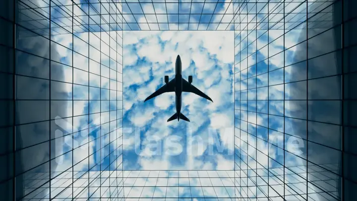 Passenger plane flying in the sky with clouds over a modern glass building. Bottom view. Travel concept. 3d illustration