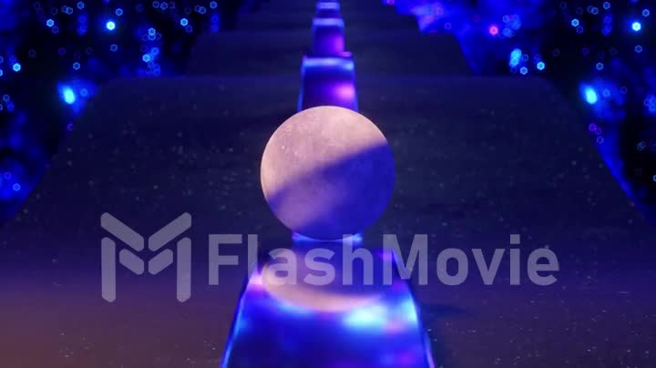 The ball looks like the moon rolls on a metal mirror track. Dark road. Space background. Blue neon color. 3d animation