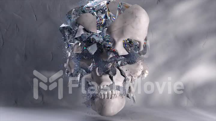 Abstract concept. The white skull shatters into many diamond shards. Slow motion. White background. 3d animation.