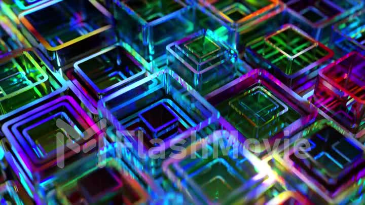 Colored neon square tubes go up and down. Abstraction. Blue purple green color. 3d animation of a seamless loop.