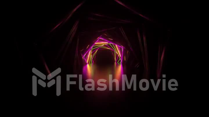 Abstract neon hexagon tunnel technological. Endless swirling animated background. Modern neon light. Bright neon lines sparkle and move forward. Seamless loop 3d render