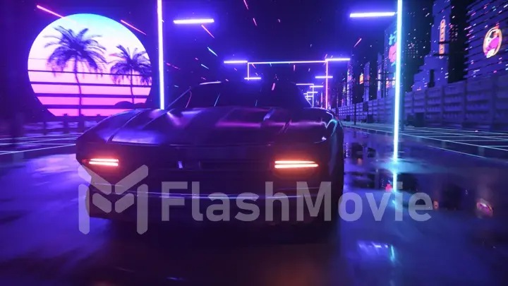 Car and city in neon cyberpunk style. 80s retrowave background 3d illustration. Retro futuristic car drive through neon city.