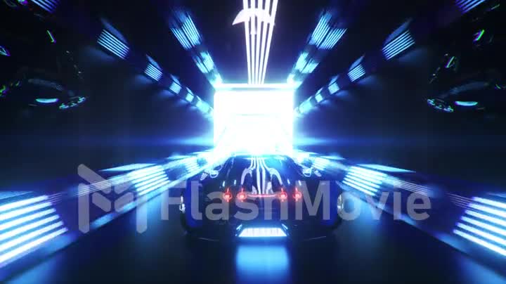 The car rushes at high speed through an endless neon technology tunnel. Futuristic concept. 3d Animation of seamless loop