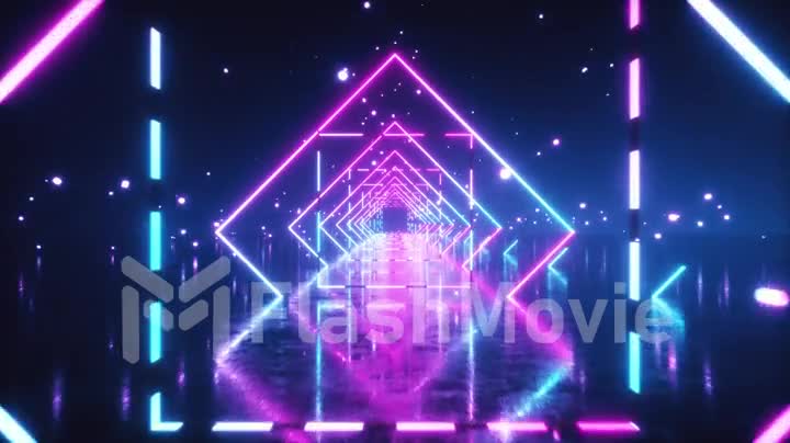 Abstract flight in space through glowing neon squares. Blue pink spectrum, fluorescent ultraviolet light. Seamless loop 3d animation