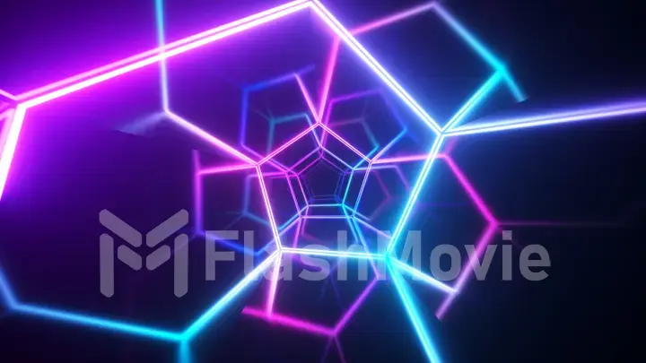 Endless flight in the corridor with a laser neon curve. Modern ultraviolet lighting. Blue purple light spectrum. 3d illustration