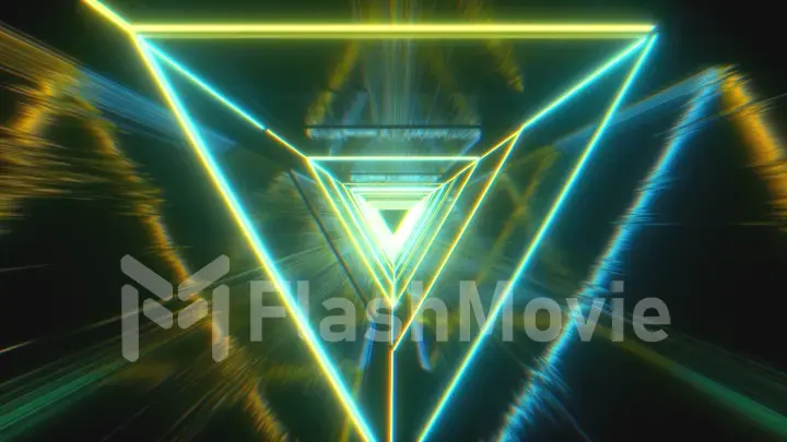 Flying through glowing neon triangles creating a tunnel with grunge reflection, fluorescent ultraviolet light, modern colorful lighting, 3d illustration