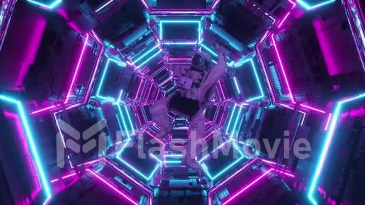 Astronaut falling in the corridor of a spaceship. Sci-Fi futuristic space tunnel VJ for titles and background. Neon light. 4k animation of seamless loop
