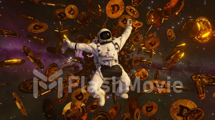 Falling astronaut in outer space surrounded by flying dogecoins. Cryptocurrency concept in space. Black hole. Interstellar. 3d illustration