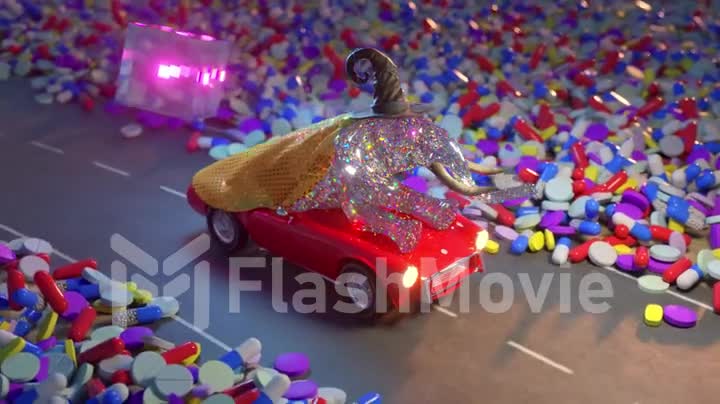 Diamond elephant rides on an asphalt road by car. Pills and capsules are scattered on the side of the road. Animation of a seamless loop. Art concept