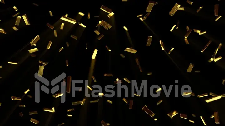 Falling gold bars in slow motion on black isolated background. 3d illustration