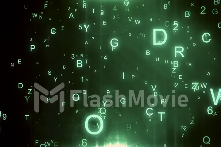Technological background with flying letters and figures 3d illustration