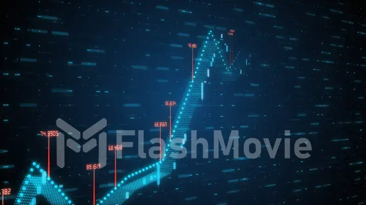 Growing linear 3d illustration graph showing positive growth and trends with numbers in blue violet color on blue tech background with motion