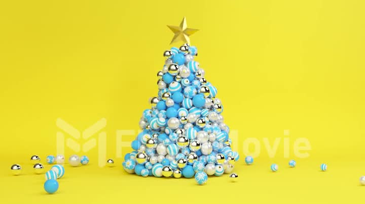 A tree of Christmas balls is growing dynamically on a bright colorful yellow background. 3d animation