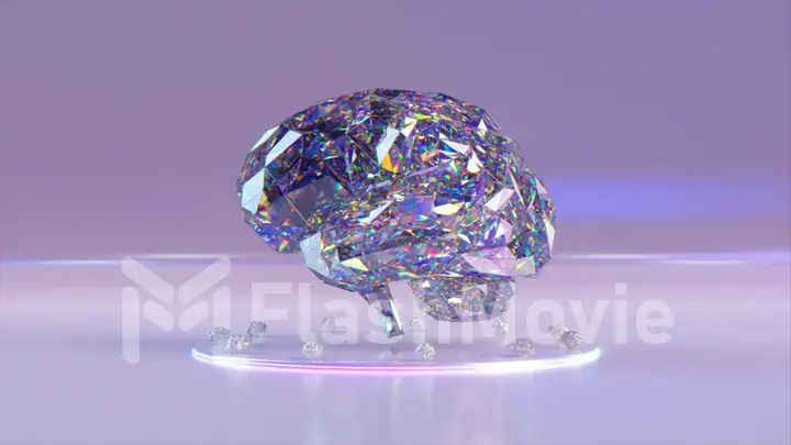 Abstract concept. Large diamond brain stands on a platform surrounded by small brains. Blue white color. 3d illustration