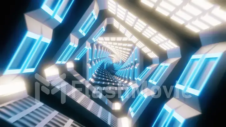 Flying through glowing spinning neon squares creating a tunnel, blue red pink violet spectrum, fluorescent ultraviolet light, modern colorful lighting, 3d illustration