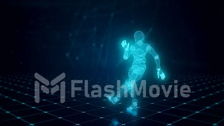 Dancing blue 3D character luminous artificial intelligence from polygons on the floor of the grid on the technological background 3d illustration
