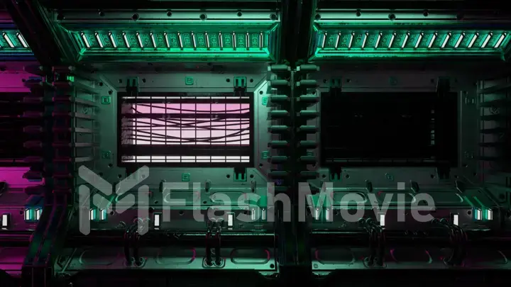 Flying into spaceship tunnel, sci-fi spaceship corridor. Futuristic technology for technical titles and backgrounds. Internet traffic graphics, speed. 33d illustration