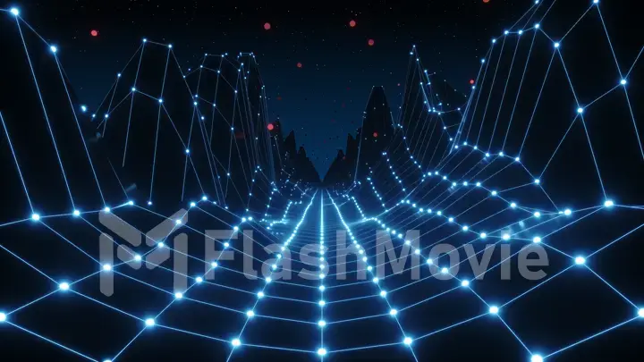 Retro futuristic flight in space with a polygonal mesh on the generated hills and floor. Concept 80s 90s. Fantastic abstract neon background. 3d illustration