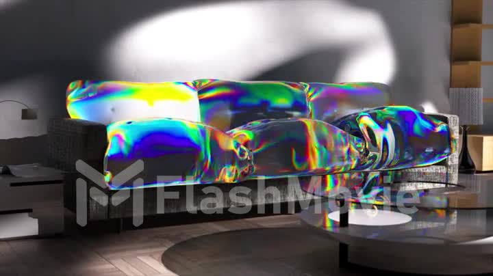 Gray sofa transforms into a liquid transparent rainbow substance. Office furniture. Shadow on the white wall.