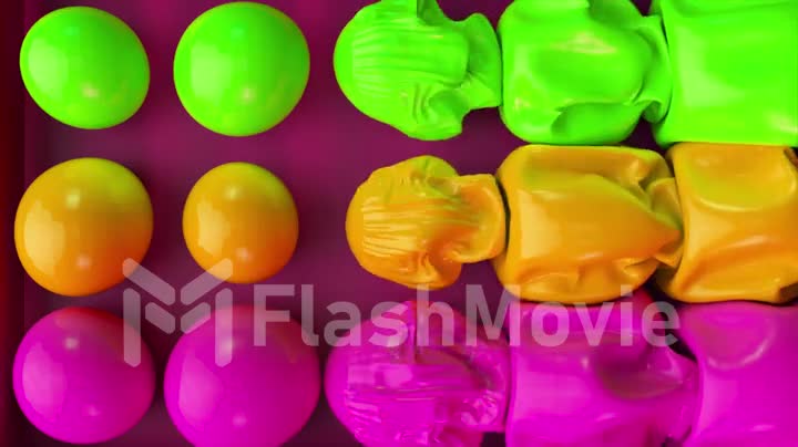 Abstract concept. Paint balloons deflate and inflate. Big bubbles. Green, orange, pink color. Distend. 3d animation