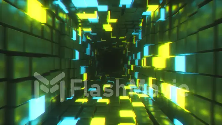 Abstract flying in futuristic corridor, 3d illustration background, fluorescent ultraviolet light, glowing colorful neon cubes, geometric endless tunnel, blue yellow spectrum