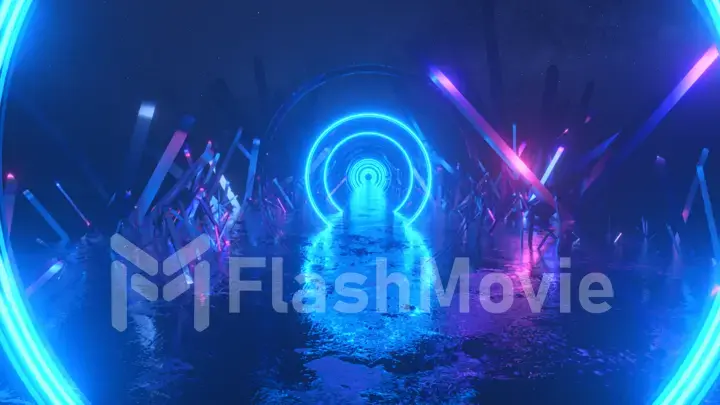 Asbractic flight, neon light ring shape, mysterious space landscape, forward flight through the corridor of crystals, virtual reality, outer space, star panorama. 3d illustration