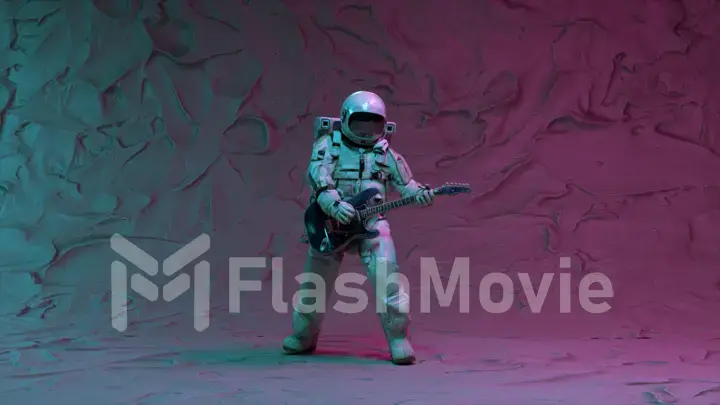 Space concept. A man in an astronaut costume plays the guitar against the background of neon lights. Performance.