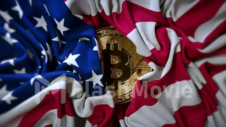The American flag is unfurled and Bitcoin opens. Gold coin. Cryptocurrency. Mining. Wrinkled fabric.