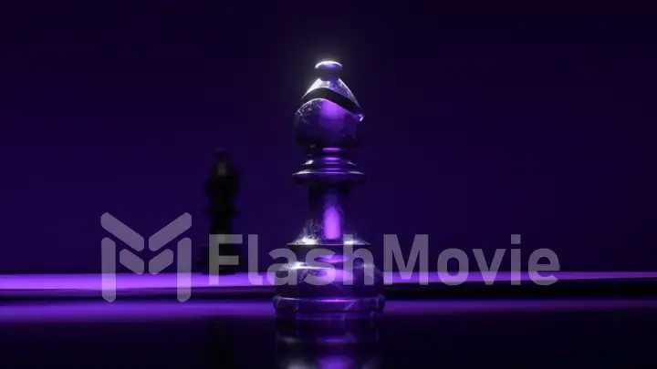 Game concept. Dark marble chess bishop. Blue violet neon light. 3d illustration