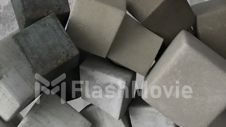 Abstract concept. Gray soft cubes stack and pile up against a gray concrete wall. Lots of cubes. 3d illustration